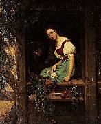 Johan Christoffer Boklund Ung kvinna i fonster med stickning och katt Spain oil painting artist
